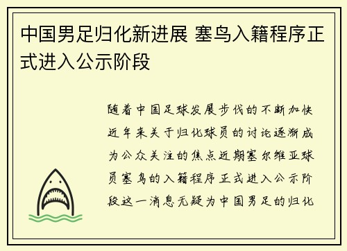 中国男足归化新进展 塞鸟入籍程序正式进入公示阶段 中国男足归化新进展 塞鸟入籍程序正式进入公示阶段